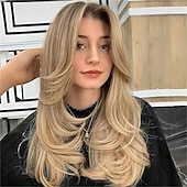 olcso Szintetikus, trendi parókák-hosszú, hullámos barna réteges paróka függönyfrufruval fekete nőknek, szintetikus réteges hosszú hullámos természetes barna bozontos pillangófrizúrás paróka vékonyszálú hajjal nőknek, 24 hüvelykes