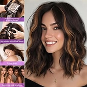 Недорогие Парик из искусственных волос без шапочки-основы-Женский парик карамельно-коричневого цвета длиной 14 дюймов с мелированием — волнистый парик длиной до плеч с предварительно выстриженными волосами на кружеве, пробор посередине, натуральный волнистый