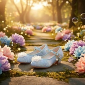 זול נעלי נסיכה לילדים-נעלי מרי ג'יין נוצצות לבנות עם פפיון ופנינים - צבעי הקשת בענן, עקב נוח