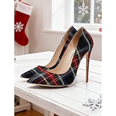 abordables Bombas Clásicas-Tacones altos de aguja a cuadros para mujer, zapatos clásicos de punta puntiaguda a cuadros para fiestas navideñas y conjuntos festivos. &amp;celebraciones de invierno