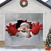 abordables Cubiertas navideñas para puertas de garaje-Cubierta de puerta de garaje navideña, Papá Noel atravesando la pared, gran fondo colgante para exteriores, pancarta de pared navideña, decoración festiva para patio, hogar, fiesta en 3D, escena