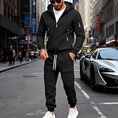 preiswerte Tute basic-Men's Tracksuit Outfit Set Hoodies Set Hoodie Outdoor Daily Sports Drawstring Zip Up Pocket Plain Black Navy Blue Brown Polyester Activewear Fashion Streetwear Fall