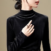 preiswerte Einfarbiges T-Shirt-Damen Samt Elegant Bluse Einfarbig Einfach Elegant Täglich Stilvoll Langarm Stehkragen Normale Oberteile Täglich Ferien Ausgehen Schwarz Wein Purpur Braun Herbst Winter