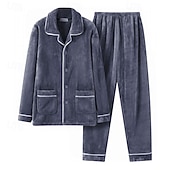 levne Pyžama-Pánské Noční prádlo Sady nočního prádla Pyžamový top a kalhoty 1 sada Bez vzoru Módní stylové Klasické Domů Denní Postel Polyester Zahřívací Pohodlné Yumuşak Klopa Dlouhý rukáv Košile Kalhoty