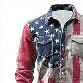  Men's American US Flag Patriotic Shirt Western Shirt Long Sleeve Vintage Retro Casual Holiday WorkWear Spring Fall Turndown Front Two Pockets Linen Like Shirt Button Up Shirts Blue Red