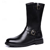 olcso Motoros csizma-Fekete műbőr férfi motoros csizma csattal – tartós és stílusos lábbeli motoros rajongóknak és karácsonyi kalandokhoz