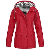 preiswerte Freizeitjacken-Damen Kapuzenjacke Wasserdicht Bequem Tasche Knöpfe Lässig Einfach Urlaub Straße Lässig Alltagskleidung Einreihig Regulär Mit Kapuze Normale Passform Langarm Oberbekleidung Gelb Rote Marineblau