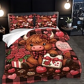 baratos Conjuntos de capa de edredão-Conjunto de capa de edredom de 3 peças com estampa de vaca das terras altas e flores fofas para cama grande, capa de edredom curta e macia com 2 fronhas – roupa de cama para quarto de hotel,