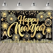 cheap New Year-New Years Eve Party Black and Gold Decorations Sequin Backdrop – Glitter Black Gold Fabric Banner for 2026 Happy New Year Party, Photo Booth &amp; Holiday Celebration Decor