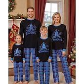 cheap Holiday Family Matching-Family Christmas Christmas Family Pajamas Pajamas Family Sets Graphic Plaid Snowflake Home Print Blue Long Sleeve Daily Matching Outfits