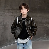 cheap Jongens Leren Jassen-Kid's Boys' Black Leather Jacket Jacket Outerwear Plain Long Sleeve Zip Up Waterproof Windproof Coat Daily Fashion Casual Black Green Spring Fall 4-12 Years