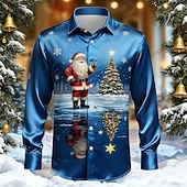levne Pánská saténová košile-Vánoce Pánské Ježíšek Vánoční stromek Sob Košile Saténová košile Košile k obleku Dlouhý rukáv Móda pro volný čas Venkovní Párty Dovolená Jaro Podzim Přehnutý 3D tisk Košile na knoflíky Světle modr