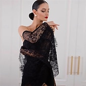cheap Competition Wear-Women's Ballroom Dance Dress Black Lace Patchwork Mesh Asymmetric Shoulder Elegant Tango Rumba Competition Performance Gown