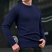 preiswerte Herrenpullover-Herren Pullover Strickpullover Gerippt Stricken Normale Oberteile Gestrickt Einfach Rundhalsausschnitt Mode Basic Urlaub Alltagskleidung Bekleidung Herbst Winter Schwarz Marineblau M L XL