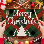 baratos Placemats &amp; Coasters &amp; Trivets-6 peças de floco de neve vermelho de natal &amp;Jogo americano de boneco de neve de árvore de Natal resistente ao calor, jogos americanos quadrados de linho para decoração de mesa de sala de jantar,
