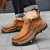 tanie Botki-brązowe, wsuwane buty męskie ze skóry ekologicznej – wygodne i wytrzymałe, z amortyzowaną wkładką, idealne do noszenia na co dzień, aktywności na świeżym powietrzu i codziennego użytku