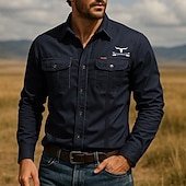 preiswerte Westernhemden für Herren-Herren Kuhmuster Arbeitshemd Westernhemd Cargohemd Langarm Taktisch Vintage-Retro Sport im Freien Arbeitskleidung Frühling Herbst Umlegekragen Zwei Fronttaschen Hemden mit Knopfleiste Armeegrün Khaki