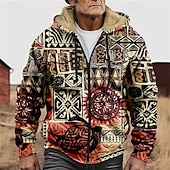 cheap Geometric Pattern-Men's Graphic Hoodie Jacket Fashion Ethnic Casual Long Sleeve Hooded Outdoor Sports Outdoor Going out Light Brown Dark orange Red Orange Brown Pocket Print Fleece Winter Designer S M L XL 2XL 3XL