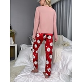 baratos Pijamas de Natal-Conjunto de Pijamas de Natal Feminino com Boneco de Neve e Árvore de Natal Confortável Gráfico do Pai Natal Cintura Elástica Camiseta Calça Férias em Casa Manga Longa Gola Redonda Rosa Vinho Vermelho