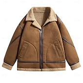 baratos Faux Suede Jackets-Men's Faux Suede Jacket Fleece Jacket Sherpa Jacket Brown Suede Jacket Casual Casual Daily Windbreaker Patchwork Pocket Winter Solid Color Vintage Fashion Shirt Collar Regular Black Brown Jacket