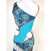cheap Competition Dress-Women's Latin Dance Dress Blue Rhinestone Cutout Bodycon Fringe Costume for Cha Cha Samba Paso Doble Performance Competition