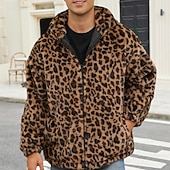 voordelige Herenjacks &amp; jassen-Voor heren Winterjack Jas van imitatiebont Dagelijks Vakantie Thermisch Warm Fleece Herfst Winter Luipaard Modieus Streetwear Capuchon Normaal Imitatiebont Geel Jacks