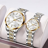 ieftine Ceasuri Quartz-Două ceasuri noi și la modă cu cuarț pentru cupluri - carcasă din oțel inoxidabil, rezistență la apă IPX7, calendar dublu luminescent, dată și afișaj duminică/luni, curea din aliaj - cadou ideal