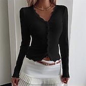 abordables Camiseta lisa-Mujer Blusa Tops elegantes Tops de encaje Tops ajustados Frunce Sayo Ribete de encaje Plano Elegante Vintage damas Manga Larga Escote en Pico Tops regulares Diario Trabajo Festivos Negro Blanco Vino