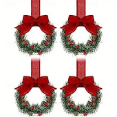 olcso Koszorúk, Girlandok és Díszek-4/6 db-os mini karácsonyi koszorúk piros masnikkal és gyümölcsös díszítésekkel, ünnepi kirakat, szekrény &amp;lakberendezés, tökéletes partikra, szezonális dekoráció