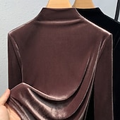 preiswerte Einfarbiges T-Shirt-Damen Samt Elegant Bluse Einfarbig Einfach Elegant Täglich Stilvoll Langarm Stehkragen Normale Oberteile Täglich Ferien Ausgehen Schwarz Wein Purpur Braun Herbst Winter