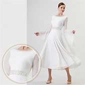 abordables Vêtements de Compétition-Robe de danse de salon pour femme, manches longues, taille strass, élégante, pour valse, tango, foxtrot, compétition – blanche