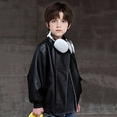 cheap Jongens Leren Jassen-Kid's Boys' Black Leather Jacket Jacket Outerwear Plain Long Sleeve Zip Up Waterproof Windproof Coat Daily Fashion Casual Black Green Spring Fall 4-12 Years