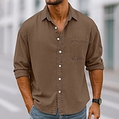 baratos camisa de botão masculina-Homens Camisa Social Camisa casual camisa vintage camisa de botão Vinho Azul Marinha Manga Longa Tecido Lapela Casual Streetwear Bolsos Roupa Algodão Elastano Vintage Moda Retro Vintage