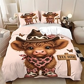 baratos Conjuntos de capa de edredão-Conjunto de capa de edredom de 3 peças com estampa de vaca das terras altas e flores fofas para cama grande, capa de edredom curta e macia com 2 fronhas – roupa de cama para quarto de hotel,
