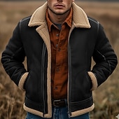 baratos Faux Suede Jackets-Men's Faux Suede Jacket Fleece Jacket Sherpa Jacket Brown Suede Jacket Casual Casual Daily Windbreaker Patchwork Pocket Winter Solid Color Vintage Fashion Shirt Collar Regular Black Brown Jacket