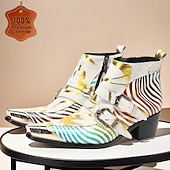 halpa Ensiluokkaiset nahkasaappaat-Miesten valkoiset abstraktin raidalliset nahkaiset cowboy-saappaat vetoketjulla ja metallisella kärjellä, 100% naudannahasta valmistetut taiteelliset nilkkurit lavalle ja tapahtumiin