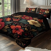 Χαμηλού Κόστους Σετ παπλωματοθήκης-Σετ παπλωματοθήκης 3 τεμαχίων με ρετρό τρισδιάστατη εκτύπωση λουλουδιών από πούπουλα για κρεβάτι queen size, μαλακό κοντό βελούδινο κάλυμμα παπλώματος με 2 μαξιλαροθήκες - κλινοσκεπάσματα υπνοδωματίου