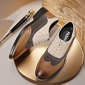 cheap Brogue Shoes-Men's Brown and Beige Faux Leather Brogue Oxford Shoes with Wingtip Detailing and Classic Lace-Up Design, Vintage Formal Shoes for Office and Parties