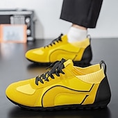 baratos Tênis Casuais-Tênis casual masculino amarelo e preto com design de malha respirável, calçado leve e antiderrapante para caminhadas ao ar livre, viagens e estilo cotidiano