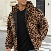 voordelige Herenjacks &amp; jassen-Voor heren Winterjack Jas van imitatiebont Dagelijks Vakantie Thermisch Warm Fleece Herfst Winter Luipaard Modieus Streetwear Capuchon Normaal Imitatiebont Geel Jacks