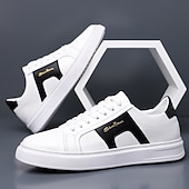 abordables Zapatillas Informales-Zapatillas casuales de piel sintética blanca para hombre con panel de acento marrón y diseño con cordones, zapatos de calle cómodos para atuendos urbanos y deportivos diarios.