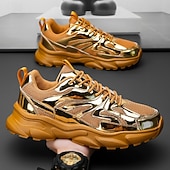 economico Sneakers Casual-Sneakers da uomo color oro metallizzato con suola spessa e finitura riflettente, scarpe da corsa alla moda con lacci per abbigliamento streetwear, da festa e casual