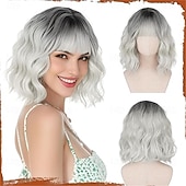 levne Syntetické trendy paruky-Krátká vlnitá paruka s hnědým melírem - 30 cm bob paruka s ofinou pro ženy, kudrnatá bob paruka po ramena s ofinou, měkké syntetické vlasy, paruky pro dívky, denní nošení, párty