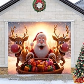 abordables Cubiertas navideñas para puertas de garaje-Cubierta de puerta de garaje navideña, Papá Noel con renos esquiando, árbol de Navidad y nieve, gran fondo colgante para exteriores, pancarta de pared navideña, decoración festiva de temporada para el