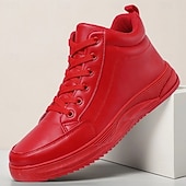 baratos Tênis Casuais-Tênis masculinos de cano alto em couro sintético vermelho – calçado moderno e confortável para uso casual no Natal e passeios de fim de ano