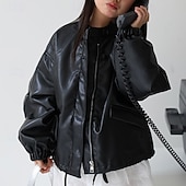 olcso Lányok bőrdzsekik-Gyerekek Lány Fekete bőrdzseki Jakna Tömör szín Divat Cipzár Zseb Szabadtéri Kabát Felsőruházat 4-12 év Ősz Fekete Arcpír rózsaszín