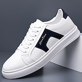 abordables Zapatillas Informales-Zapatillas casuales de piel sintética blanca para hombre con panel de acento marrón y diseño con cordones, zapatos de calle cómodos para atuendos urbanos y deportivos diarios.