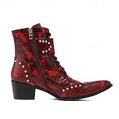 halpa Ensiluokkaiset nahkasaappaat-Miesten punaiset käärmekuvioiset nahkaiset nilkkurit, joissa on kaksinkertaiset solkiremmit ja niittiyksityiskohdat, 100% naudannahasta valmistetut länsimaiset saappaat konsertteihin ja esityksiin