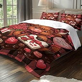 baratos Conjuntos de capa de edredão-Conjunto de capa de edredom de 3 peças com estampa de vaca das terras altas e flores fofas para cama grande, capa de edredom curta e macia com 2 fronhas – roupa de cama para quarto de hotel,