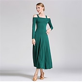 cheap Standard  Ballroom-Elegant Green Ballroom Dance Dress with Long Sleeves and Off-Shoulder Design for Latin &amp; Social Dancing